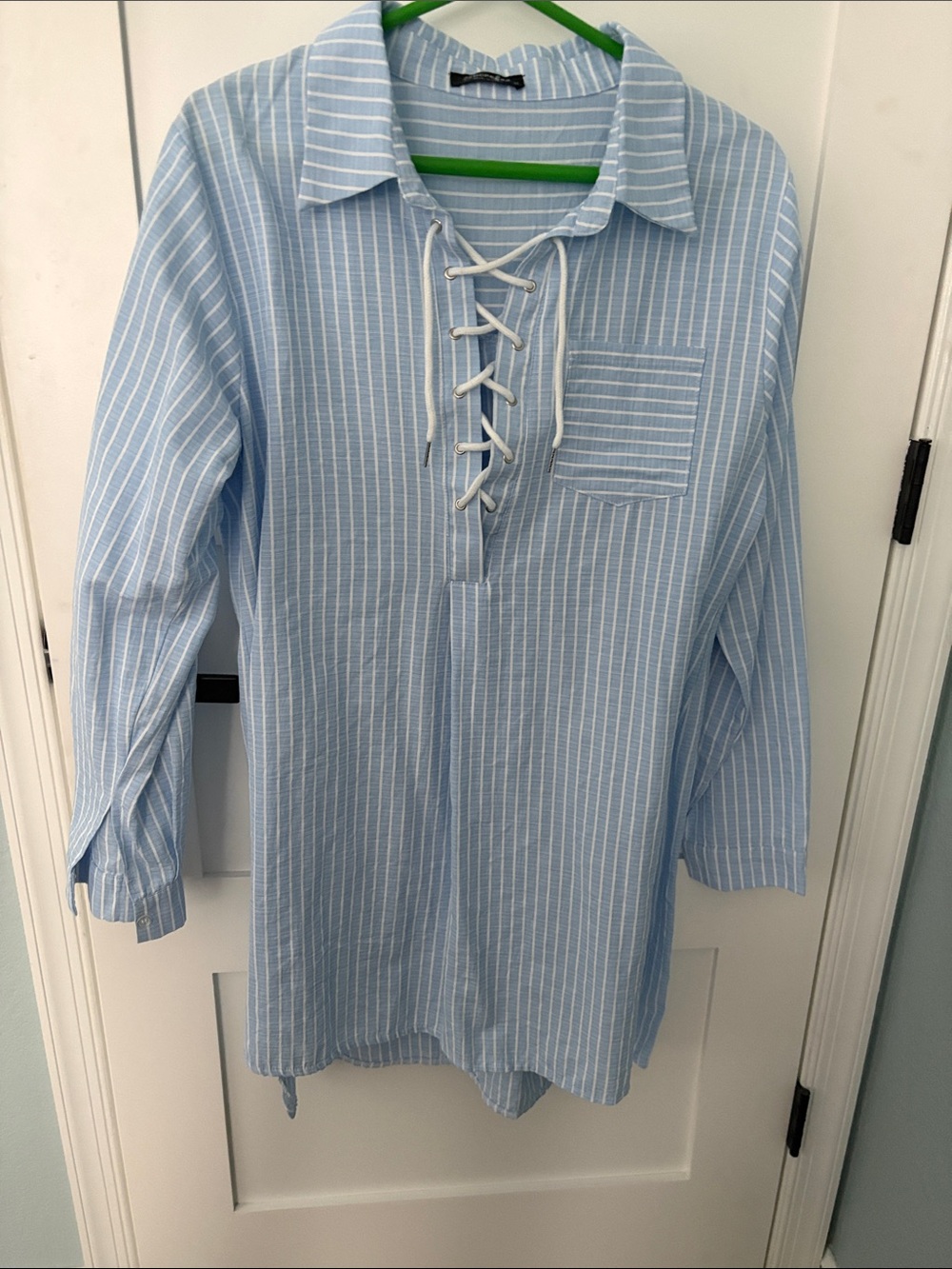 Light Blue Striped Lace-Up Tunic Shirt
Beach coverup